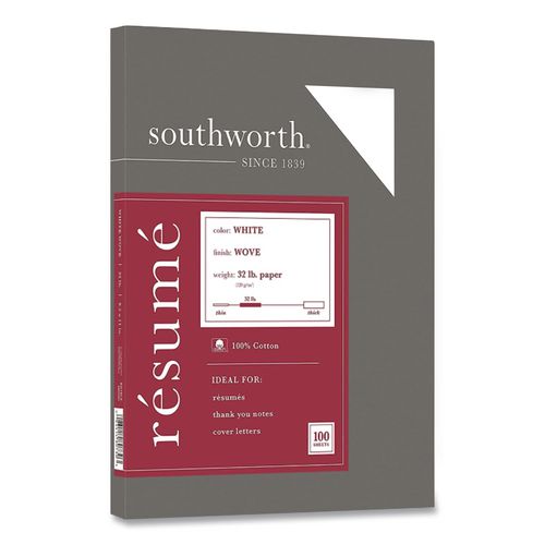 Image of Southworth® RD18CF 100% Cotton Resume Paper, 95 Bright, 32 lb Bond Weight, 8.5 x 11, White, 100/Pack