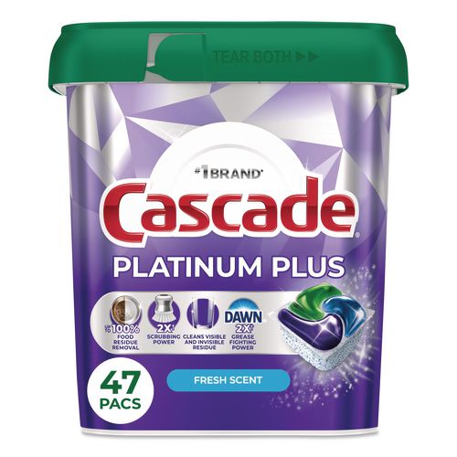 Image of CascadeÂ® Platinum Plus ActionPacs Dishwasher Detergent Pods, Fresh Scent, 28.4 oz Tub, 52/Pack