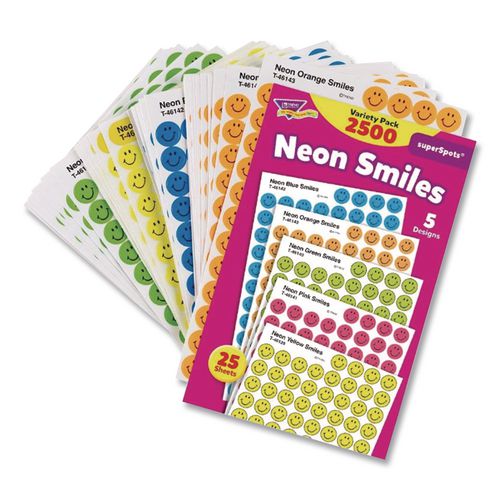 Image of TREND® T1942 Superspots And Supershapes Sticker Variety Packs, Neon Smiles, Assorted Colors, 2,500/pack