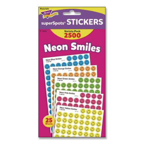 Image of TREND® T1942 Superspots And Supershapes Sticker Variety Packs, Neon Smiles, Assorted Colors, 2,500/pack