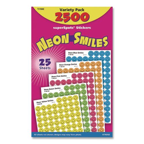 Image of TREND® T1942 Superspots And Supershapes Sticker Variety Packs, Neon Smiles, Assorted Colors, 2,500/pack