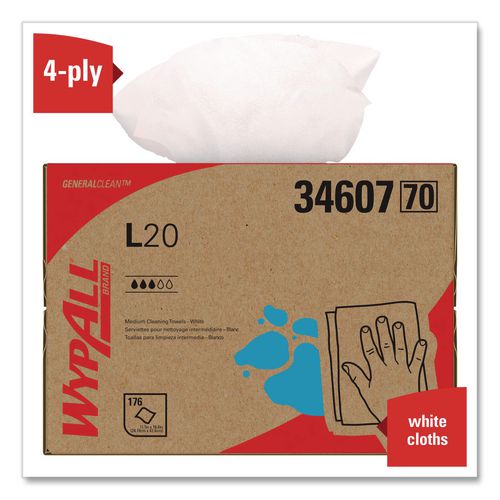Image of WypAll® 34607 L20 Towels, BRAG Box, 11.1 x 16.8, Unscented, White, 176/Box