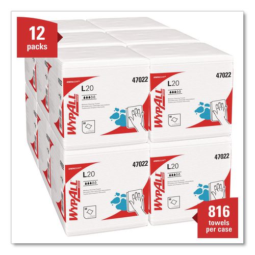 Image of WypAll® 47022 L20 Towels, 1/4 Fold, 4-Ply, 12.5 x 12 Unscented, White, 68/Pack, 12 Packs/Carton