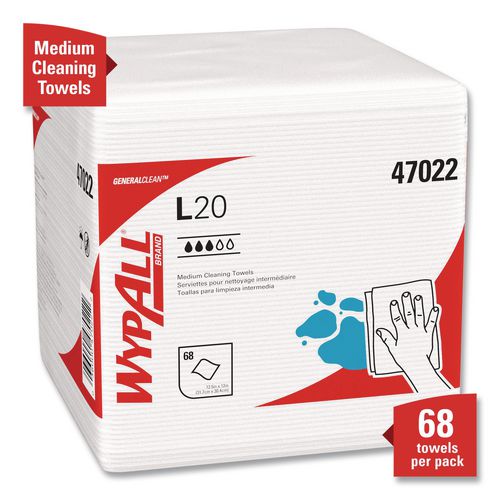 Image of WypAll® 47022 L20 Towels, 1/4 Fold, 4-Ply, 12.5 x 12 Unscented, White, 68/Pack, 12 Packs/Carton