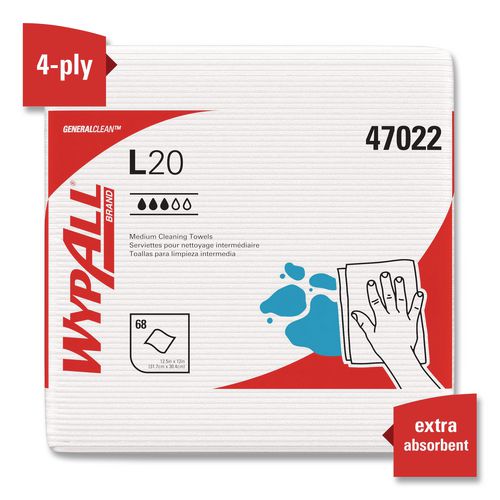 Image of WypAll® 47022 L20 Towels, 1/4 Fold, 4-Ply, 12.5 x 12 Unscented, White, 68/Pack, 12 Packs/Carton
