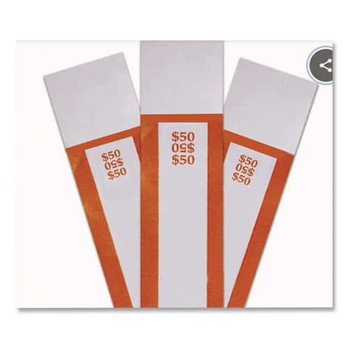 Image of CONTROLTEK® 560116 Currency Straps, Self-Adhesive, Ones, $50 Strap, Orange/White, 1,000/Pack