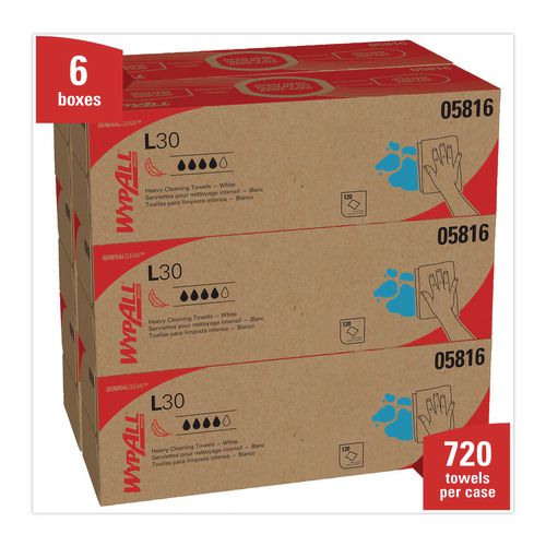 Image of WypAll® 05816 L30 Towels, POP-UP Box, 9.8 x 16.4, White, 120/Box, 6 Boxes/Carton