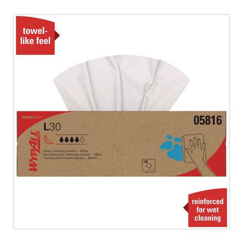 Image of WypAll® 05816 L30 Towels, POP-UP Box, 9.8 x 16.4, White, 120/Box, 6 Boxes/Carton