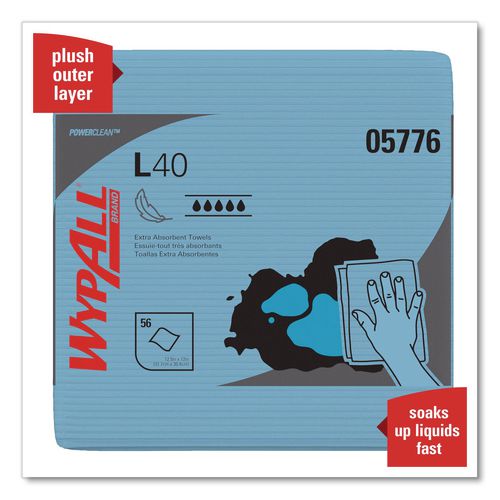 Image of WypAll® 05776 L40 Wiper, 1/4 Fold, Blue, 12.5 x 12, 56/Box, 12 Boxes/Carton