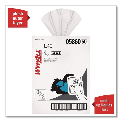 Image of WypAll® 05860 L40 Towels, Dry Up Towels, 19.5 x 42, White, 200 Towels/Roll