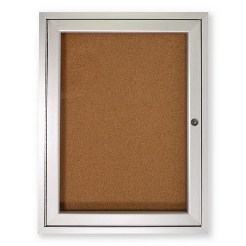 Image of Ghent PA12418K 1 Door Enclosed Natural Cork Bulletin Board with Satin Frame, 18" x 24", Tan Surface, Satin Aluminum Frame