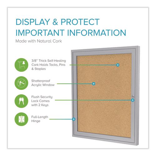 Image of Ghent PA13624K 1 Door Enclosed Natural Cork Bulletin Board with Satin Frame, 24" x 36", Tan Surface, Satin Aluminum Frame