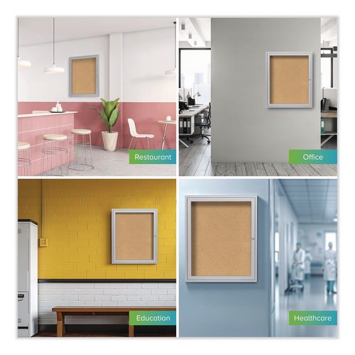Image of Ghent PA13624K 1 Door Enclosed Natural Cork Bulletin Board with Satin Frame, 24" x 36", Tan Surface, Satin Aluminum Frame