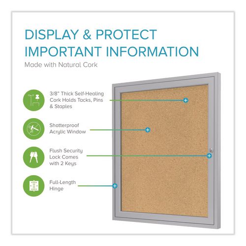 Image of Ghent PA13630K 1 Door Enclosed Natural Cork Bulletin Board with Satin Frame, 30" x 36", Tan Surface, Satin Aluminum Frame
