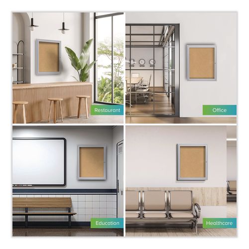 Image of Ghent PA13630K 1 Door Enclosed Natural Cork Bulletin Board with Satin Frame, 30" x 36", Tan Surface, Satin Aluminum Frame