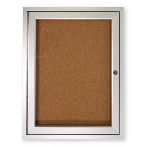 Image of Ghent PA13630K 1 Door Enclosed Natural Cork Bulletin Board with Satin Frame, 30" x 36", Tan Surface, Satin Aluminum Frame