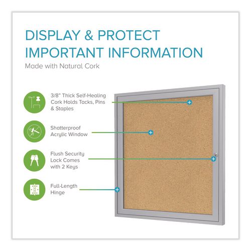 Image of Ghent PA13636K 1 Door Enclosed Natural Cork Bulletin Board with Satin Frame, 36" x 36", Tan Surface, Satin Aluminum Frame