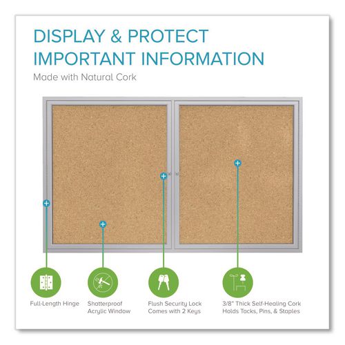 Image of Ghent PA23648K 2 Door Enclosed Natural Cork Bulletin Board with Satin Frame, 48" x 36", Tan Surface, Satin Aluminum Frame