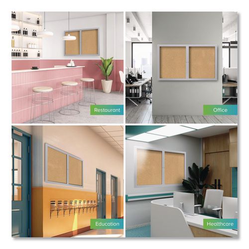 Image of Ghent PA23648K 2 Door Enclosed Natural Cork Bulletin Board with Satin Frame, 48" x 36", Tan Surface, Satin Aluminum Frame