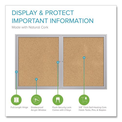 Image of Ghent PA23660K 2 Door Enclosed Natural Cork Bulletin Board with Satin Frame, 60" x 36", Tan Surface, Satin Aluminum Frame