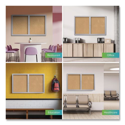 Image of Ghent PA23660K 2 Door Enclosed Natural Cork Bulletin Board with Satin Frame, 60" x 36", Tan Surface, Satin Aluminum Frame