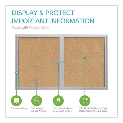 Image of Ghent PA24860K 2 Door Enclosed Natural Cork Bulletin Board with Satin Frame, 60" x 48", Tan Surface, Satin Aluminum Frame