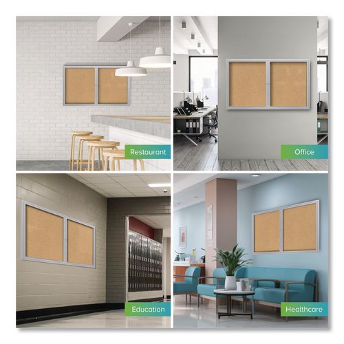 Image of Ghent PA24860K 2 Door Enclosed Natural Cork Bulletin Board with Satin Frame, 60" x 48", Tan Surface, Satin Aluminum Frame