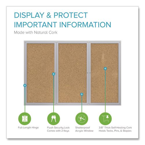 Image of Ghent PA33672K 2 Door Enclosed Natural Cork Bulletin Board with Satin Frame, 72" x 36", Tan Surface, Satin Aluminum Frame
