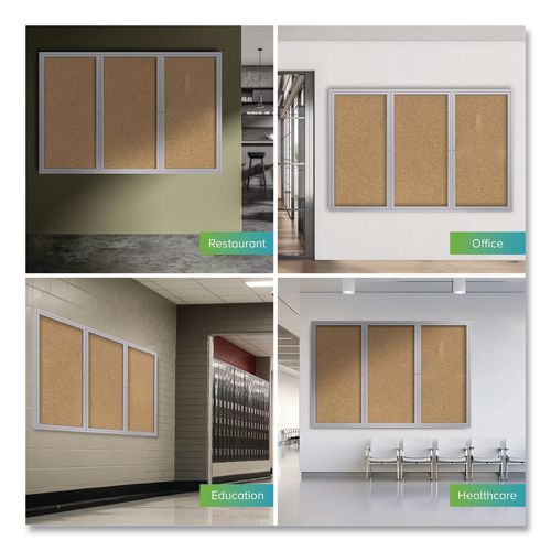 Image of Ghent PA33672K 2 Door Enclosed Natural Cork Bulletin Board with Satin Frame, 72" x 36", Tan Surface, Satin Aluminum Frame
