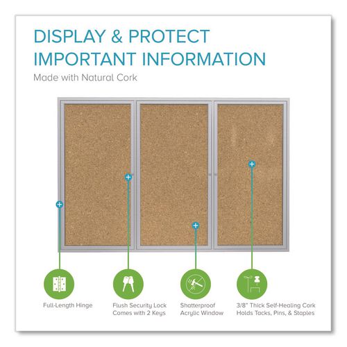 Image of Ghent PA34872K 3 Door Enclosed Natural Cork Bulletin Board with Satin Frame, 72" x 48", Tan Surface, Satin Aluminum Frame