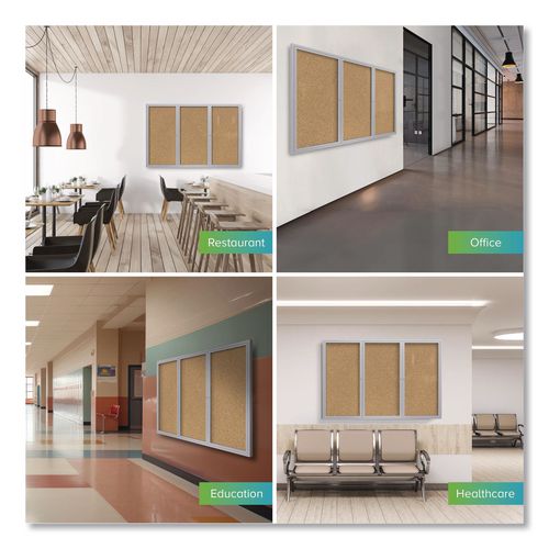 Image of Ghent PA34872K 3 Door Enclosed Natural Cork Bulletin Board with Satin Frame, 72" x 48", Tan Surface, Satin Aluminum Frame