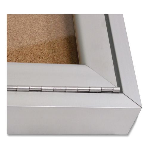 Image of Ghent PA34872K 3 Door Enclosed Natural Cork Bulletin Board with Satin Frame, 72" x 48", Tan Surface, Satin Aluminum Frame