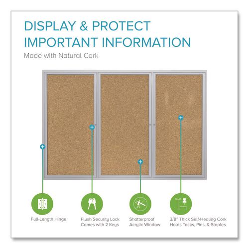 Image of Ghent PA34896K 3 Door Enclosed Natural Cork Bulletin Board with Satin Frame, 96" x 48", Tan Surface, Satin Aluminum Frame