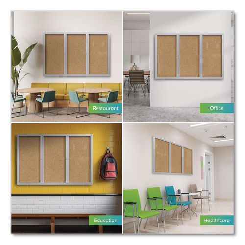 Image of Ghent PA34896K 3 Door Enclosed Natural Cork Bulletin Board with Satin Frame, 96" x 48", Tan Surface, Satin Aluminum Frame