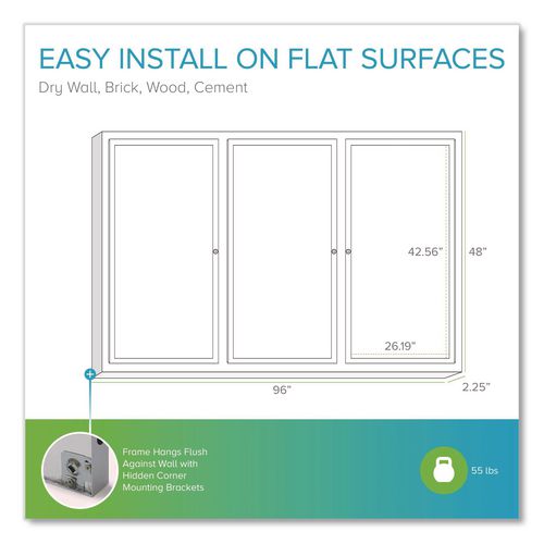 Image of Ghent PA34896K 3 Door Enclosed Natural Cork Bulletin Board with Satin Frame, 96" x 48", Tan Surface, Satin Aluminum Frame