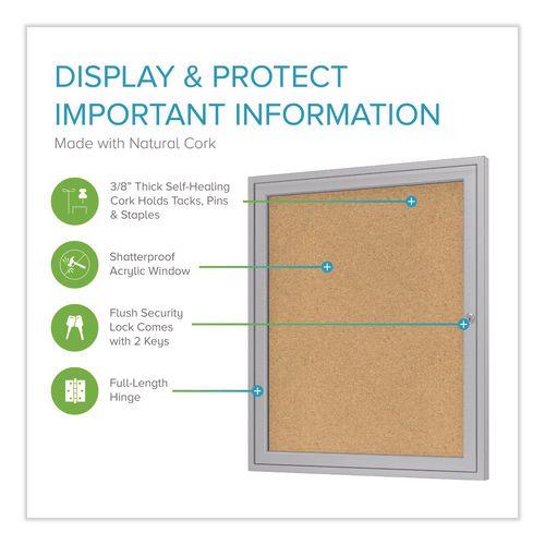 Image of Ghent PA12418K 1 Door Enclosed Natural Cork Bulletin Board with Satin Frame, 18" x 24", Tan Surface, Satin Aluminum Frame
