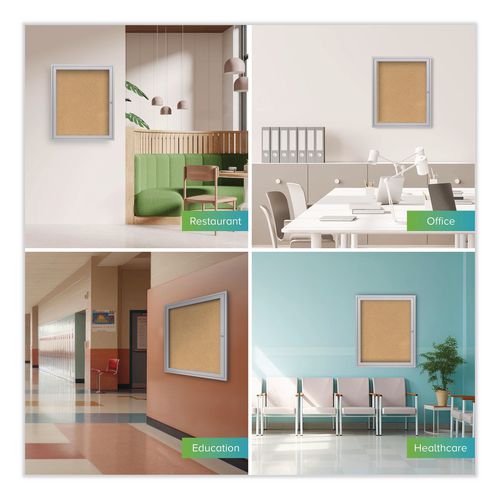 Image of Ghent PA12418K 1 Door Enclosed Natural Cork Bulletin Board with Satin Frame, 18" x 24", Tan Surface, Satin Aluminum Frame