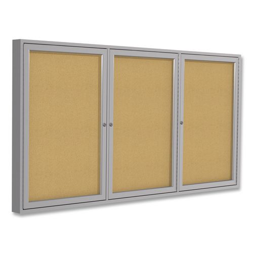 Image of Ghent PA33672K 2 Door Enclosed Natural Cork Bulletin Board with Satin Frame, 72" x 36", Tan Surface, Satin Aluminum Frame