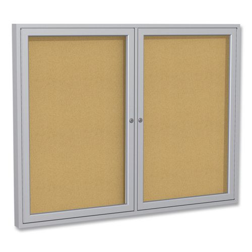 Image of Ghent PA23648K 2 Door Enclosed Natural Cork Bulletin Board with Satin Frame, 48" x 36", Tan Surface, Satin Aluminum Frame