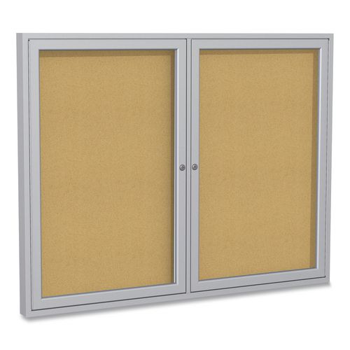 Image of Ghent PA23660K 2 Door Enclosed Natural Cork Bulletin Board with Satin Frame, 60" x 36", Tan Surface, Satin Aluminum Frame