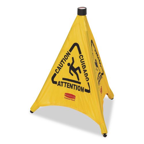 Image of Rubbermaid® Commercial FG9S0000YEL Multilingual Pop-Up Safety Cone, 3-Sided, Fabric, 21 X 21 X 20, Yellow