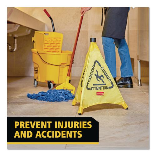 Image of Rubbermaid® Commercial FG9S0000YEL Multilingual Pop-Up Safety Cone, 3-Sided, Fabric, 21 X 21 X 20, Yellow