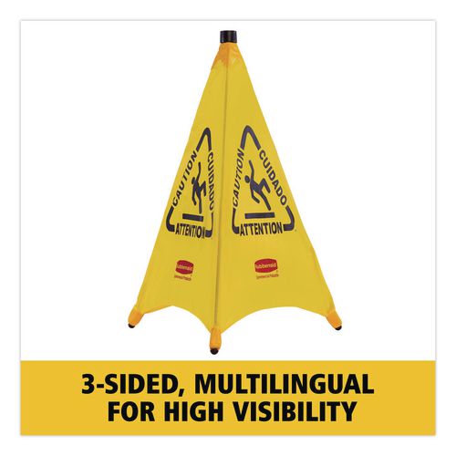 Image of Rubbermaid® Commercial FG9S0100YEL Multilingual Pop-Up Wet Floor Safety Cone, 21 X 21 X 30, Yellow