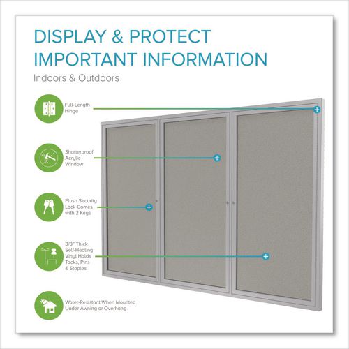 Image of Ghent PA34872VX-193 3 Door Enclosed Vinyl Bulletin Board with Satin Frame, 72" x 48", Silver Surface, Satin Aluminum Frame