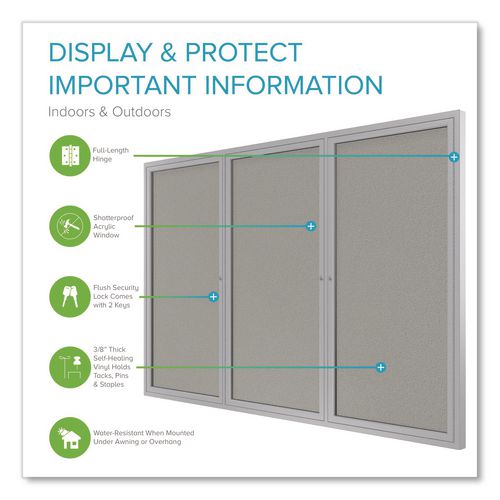 Image of Ghent PA34896VX-193 3 Door Enclosed Vinyl Bulletin Board with Satin Frame, 96" x 48", Silver Surface, Satin Aluminum Frame
