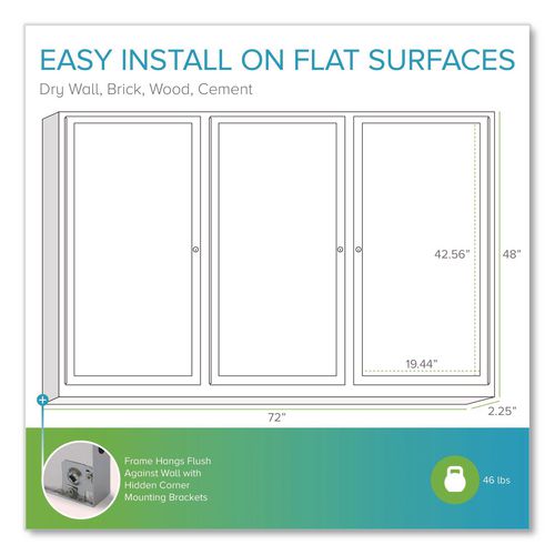 Image of Ghent PA34872VX-193 3 Door Enclosed Vinyl Bulletin Board with Satin Frame, 72" x 48", Silver Surface, Satin Aluminum Frame