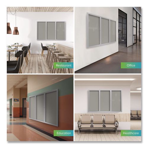 Image of Ghent PA34896VX-193 3 Door Enclosed Vinyl Bulletin Board with Satin Frame, 96" x 48", Silver Surface, Satin Aluminum Frame