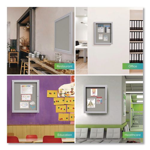 Image of Ghent PA12418VX-193 1 Door Enclosed Vinyl Bulletin Board with Satin Frame, 18" x 24", Silver Surface, Satin Aluminum Frame