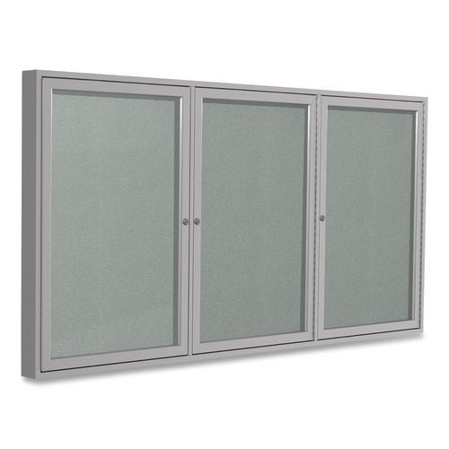 Image of Ghent PA34872VX-193 3 Door Enclosed Vinyl Bulletin Board with Satin Frame, 72" x 48", Silver Surface, Satin Aluminum Frame