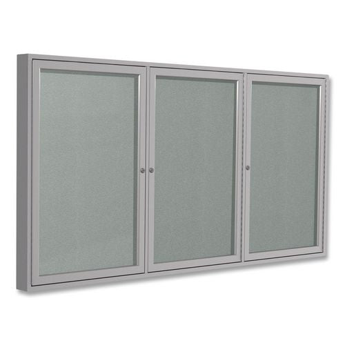 Image of Ghent PA34896VX-193 3 Door Enclosed Vinyl Bulletin Board with Satin Frame, 96" x 48", Silver Surface, Satin Aluminum Frame